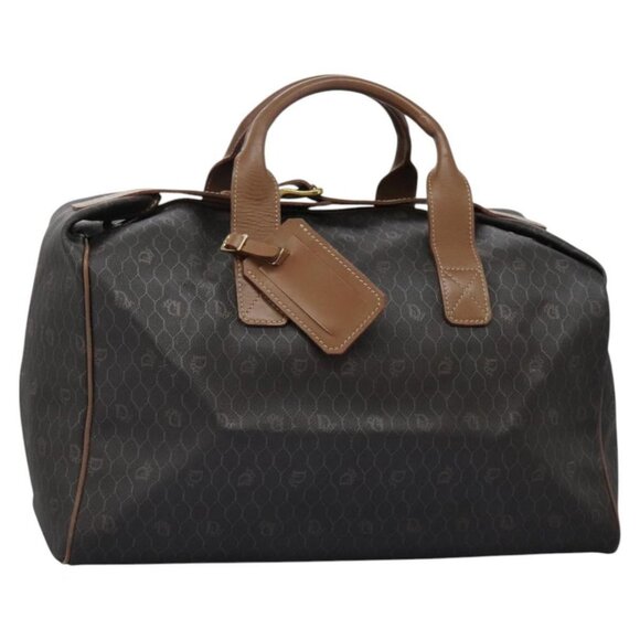 Christian Dior Honeycomb Canvas Boston Bag PVC Black Brown gold Auth - Picture 1 of 16